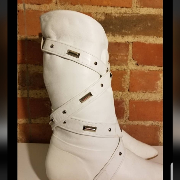 VINTAGE WHITE LEATHER BOOTS PUNK STUDDED STRAPPY SIZE 7/8 BIKER BABE ROCKER SEXY - Picture 4 of 11